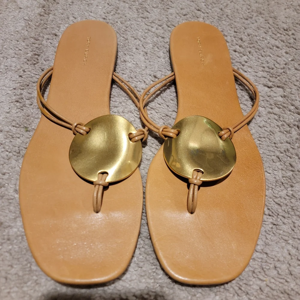 Tory Burch Patos Thong Sandal Caramel Corn Gold Size 10